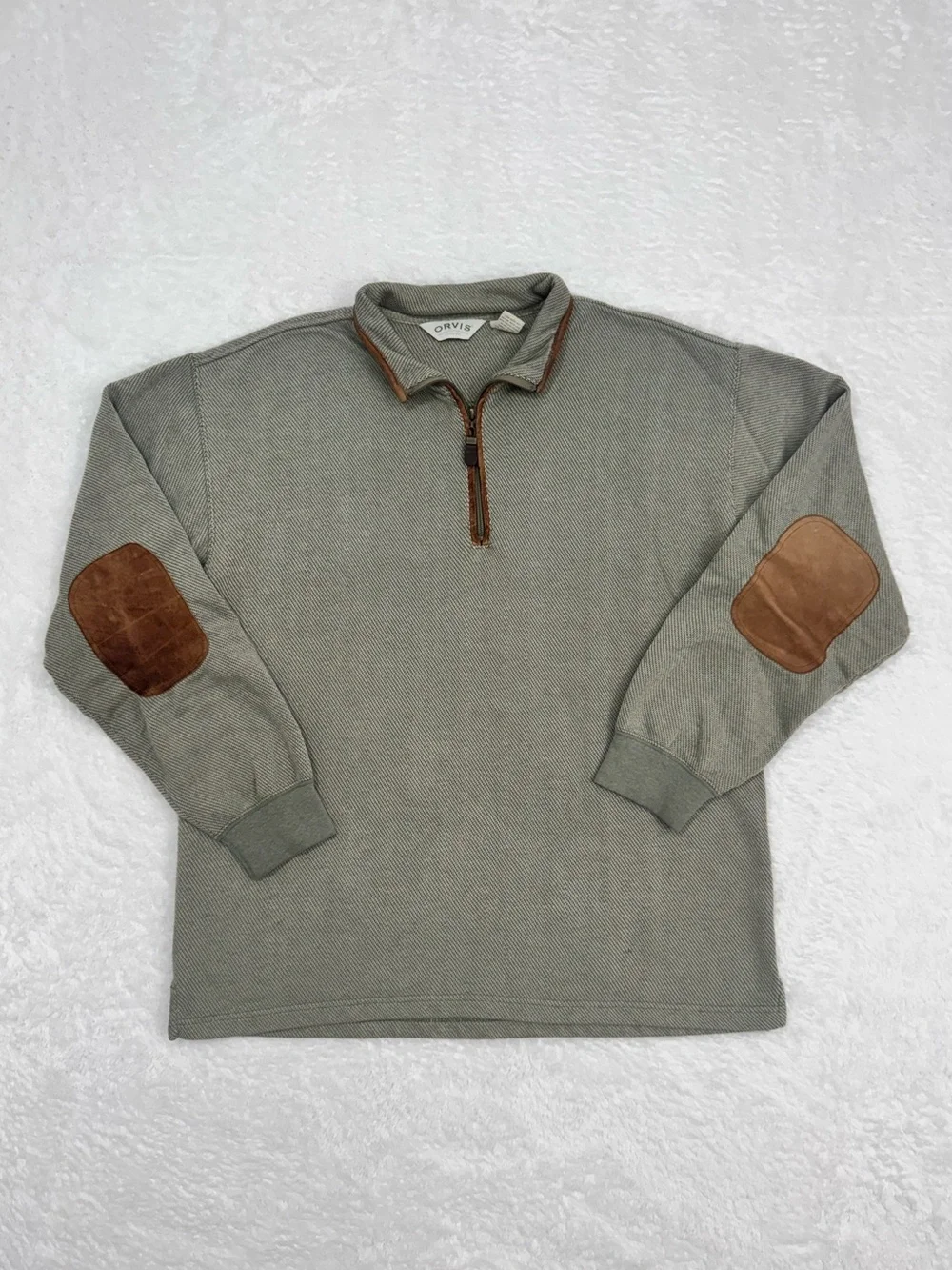 Orvis Men's Large Quarter Zip Leather Elbow Patch Pullover Sweater